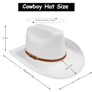 Wide Brim Cowboy Hat for Women with Fashion Buckle Belt- Felt Western Classic Outfit for Cowgirls White