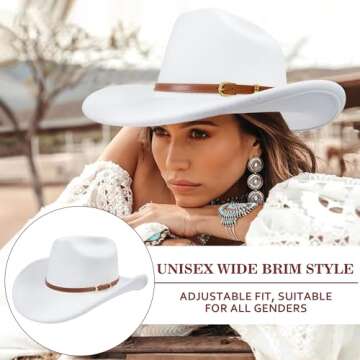 Wide Brim Cowboy Hat for Women with Fashion Buckle Belt- Felt Western Classic Outfit for Cowgirls White