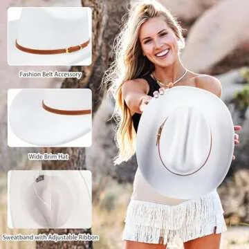 Wide Brim Cowboy Hat for Women with Fashion Buckle Belt- Felt Western Classic Outfit for Cowgirls White