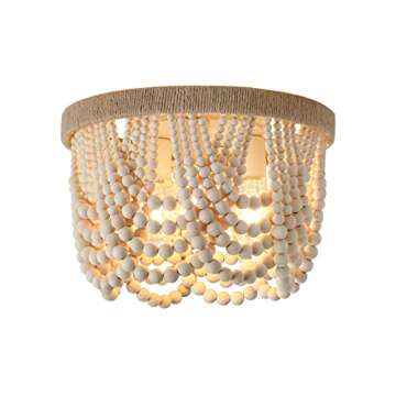 AMZASA Wood Beaded Flush Mount Ceiling Light Farmhouse Rustic Small Boho Chandelier Light Fixture fo...