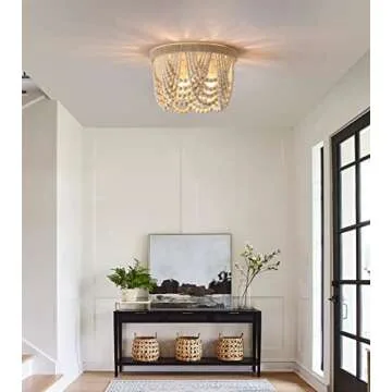 AMZASA Wood Beaded Flush Mount Ceiling Light Farmhouse Rustic Small Boho Chandelier Light Fixture for Bedroom Hallway Entryway Closet Kitchen Dining Room Living Room Nursery 3-Lights