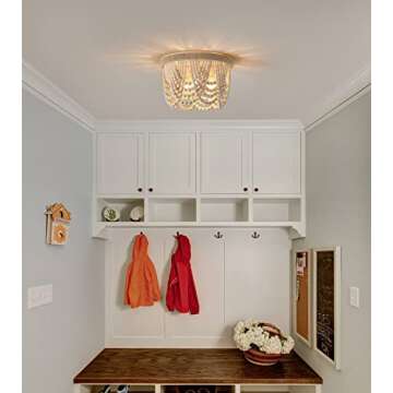 AMZASA Wood Beaded Flush Mount Ceiling Light Farmhouse Rustic Small Boho Chandelier Light Fixture for Bedroom Hallway Entryway Closet Kitchen Dining Room Living Room Nursery 3-Lights