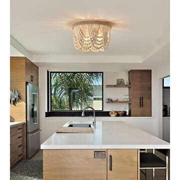 AMZASA Wood Beaded Flush Mount Ceiling Light Farmhouse Rustic Small Boho Chandelier Light Fixture for Bedroom Hallway Entryway Closet Kitchen Dining Room Living Room Nursery 3-Lights