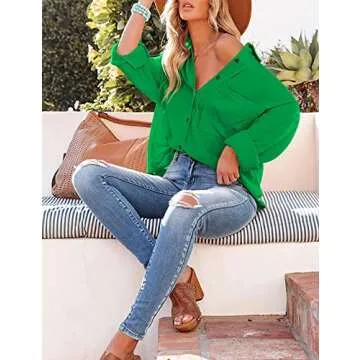 Zontroldy Oversized Button Down Long Sleeve Shirts for Women Solid Color Casual Boyfriend Shirt Boluse Tops(0907-Green-L)
