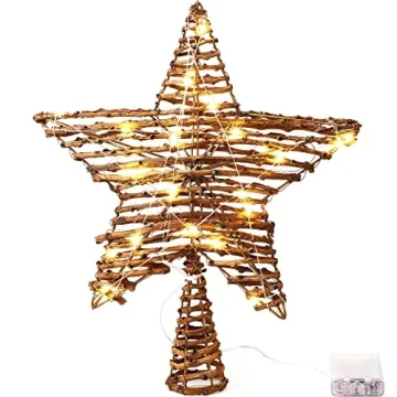 Christmas Rattan Star Treetop,14 Inch Rattan Natural Burlap Star Tree Topper with 20 Warm Lights Rus...