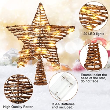 Christmas Rattan Star Treetop,14 Inch Rattan Natural Burlap Star Tree Topper with 20 Warm Lights Rustic Boho Treetop Decoration Xmas Star Treetop for Christmas Tree Ornament Holiday Party Indoor Home