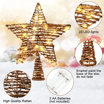 Christmas Rattan Star Treetop,14 Inch Rattan Natural Burlap Star Tree Topper with 20 Warm Lights Rustic Boho Treetop Decoration Xmas Star Treetop for Christmas Tree Ornament Holiday Party Indoor Home