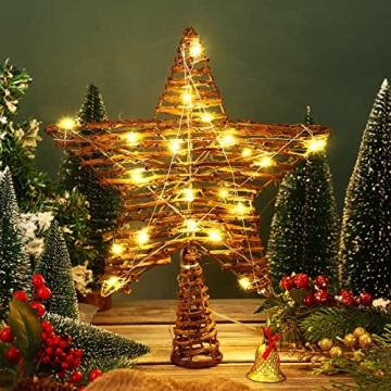 Christmas Rattan Star Treetop,14 Inch Rattan Natural Burlap Star Tree Topper with 20 Warm Lights Rustic Boho Treetop Decoration Xmas Star Treetop for Christmas Tree Ornament Holiday Party Indoor Home