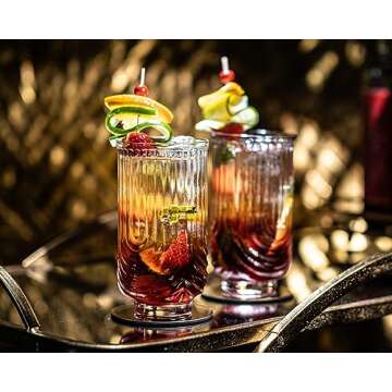 Vintage Art Deco Highball Gatsby Cocktail Glasses | Set of 4 | 14 oz Double HiBall Glassware for Drinking Mojito, Gin Rickey, Whiskey Highball, Classic Long Bar Drinks | Large Tall Tumblers