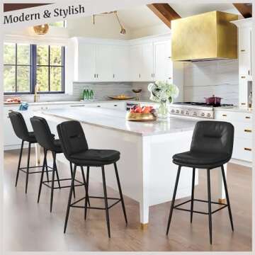 Cozyman 26 Inch Bar Stools Set of 4, Double-Layer Upholstered Counter Height Bar Stools for Kitchen Island, Faux Leather Barstools with Back and Footrest, Armless Barstool Chairs, Black