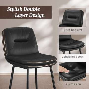 Cozyman 26 Inch Bar Stools Set of 4, Double-Layer Upholstered Counter Height Bar Stools for Kitchen Island, Faux Leather Barstools with Back and Footrest, Armless Barstool Chairs, Black