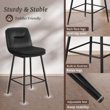 Cozyman 26 Inch Bar Stools Set of 4, Double-Layer Upholstered Counter Height Bar Stools for Kitchen Island, Faux Leather Barstools with Back and Footrest, Armless Barstool Chairs, Black