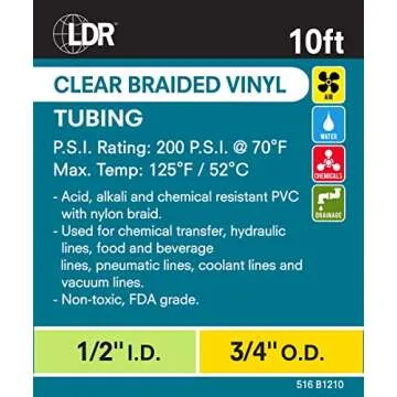 LDR Industries 516 B1210 Clear Braided Nylon Poly Tubing Flexible Non-Toxic, Diameter x 10ft, Finish, 1/2" x 10', 10 Feet