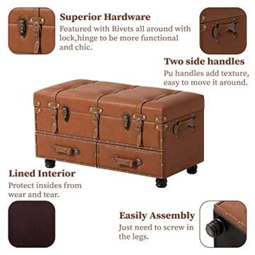 COZAYH Vintage Storage Bench Upholstered Mid-Century Bed Bench Faux Leather Storage Ottoman Accent Storage Chest for Hallway, Entryway, Bedroom, Tan