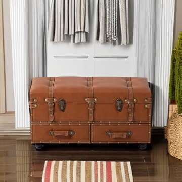 COZAYH Vintage Storage Bench Upholstered Mid-Century Bed Bench Faux Leather Storage Ottoman Accent Storage Chest for Hallway, Entryway, Bedroom, Tan