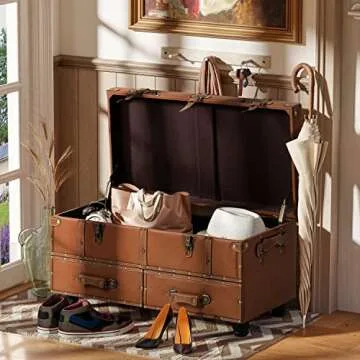 COZAYH Vintage Storage Bench Upholstered Mid-Century Bed Bench Faux Leather Storage Ottoman Accent Storage Chest for Hallway, Entryway, Bedroom, Tan