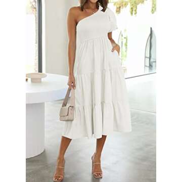 ZESICA Women's Boho Summer One Shoulder Short Sleeve Smocked Side Split Ruffle Swing Midi Dress White XL