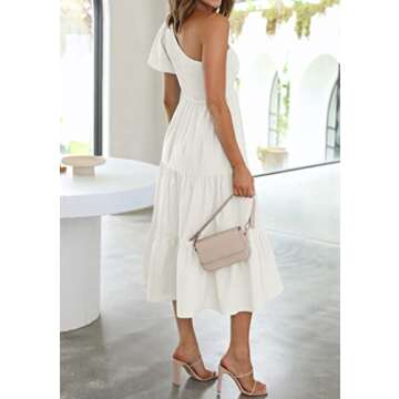 ZESICA Women's Boho Summer One Shoulder Short Sleeve Smocked Side Split Ruffle Swing Midi Dress White XL