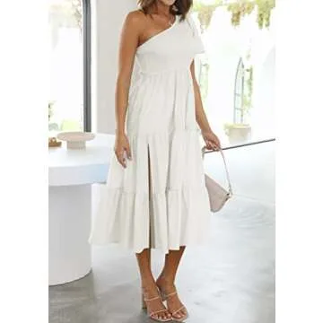 ZESICA Women's Boho Summer One Shoulder Short Sleeve Smocked Side Split Ruffle Swing Midi Dress White XL