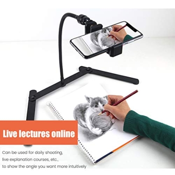 Ajustable Tripod with Cellphone Holder, Overhead Phone Mount, Table Top Teaching Online Stand for Live Streaming and Online Video and Food Crafting Demo Drawing Sketching Recording