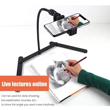 Ajustable Tripod with Cellphone Holder, Overhead Phone Mount, Table Top Teaching Online Stand for Live Streaming and Online Video and Food Crafting Demo Drawing Sketching Recording