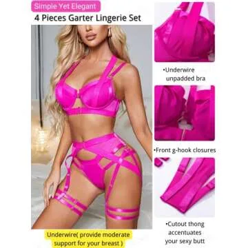 Kaei&Shi Garter Belt Thong Lingerie Set – Sexy Glowing Underwire Neon Pink