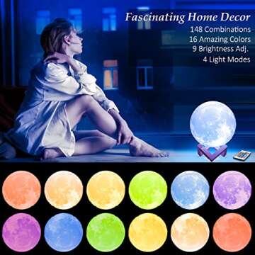 Mydethun 16 Colors Moon Lamp with 148 Combination Modes, Moonlight Valentine's Day Gift, LED Night Light Lamp for Women, Kids, Girls, Bedroom, Home Decor w/Remote Control, 5.9 inches, w/Wood Stand