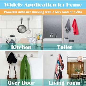 Jekoo Adhesive Hooks, Hooks for Hanging Wall Hanger Towel Hooks Heavy Duty Ideal for Bathroom Shower Kitchen Home Door Closet Cabinet Stainless Steel - 4Packs