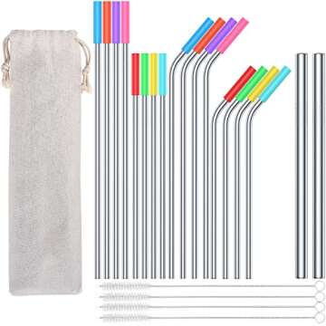 18-Pack Reusable Stainless Steel Straws with Soft Silicone Tips, Urekt 8.5" and 10.5" Long Metal Drinking Straw Set with 2pcs 0.4“ Extra Wide smoothie Straws, 4 Cleaning Brushes Included