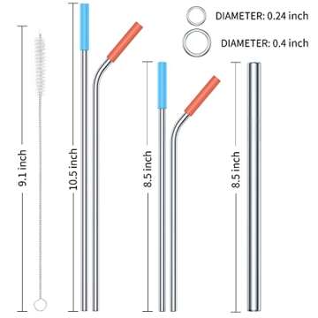 18-Pack Reusable Stainless Steel Straws with Soft Silicone Tips, Urekt 8.5" and 10.5" Long Metal Drinking Straw Set with 2pcs 0.4“ Extra Wide smoothie Straws, 4 Cleaning Brushes Included