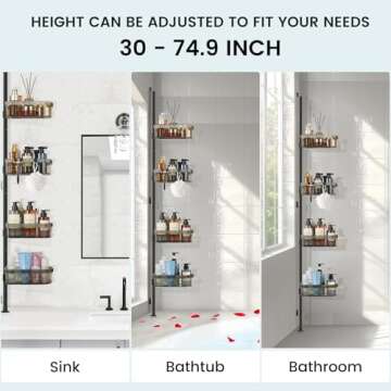 Floyzoy Shower Caddy Corner Shower Organizer, Bathtub Organizer 4 Baskets Rustproof Shower Shelves Bathroom Shower Rack Adjustable Bath Shelves for Essentials, 30 to 75 Inch