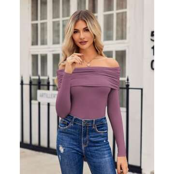HOTOUCH Dressy Tops for Women Night Out Purple Top Going Out Tight Off Shoulder Top Long Sleeve Shir...