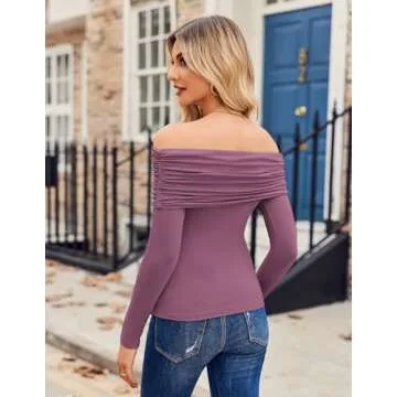 HOTOUCH Dressy Tops for Women Night Out Purple Top Going Out Tight Off Shoulder Top Long Sleeve Shirts Y2K Ladies Sexy Blouses for Women 2025 Trendy
