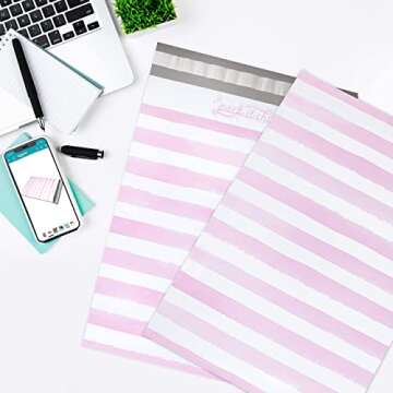 Pack It Chic - 10X13 (100 Pack) Pink Watercolor Stripes Poly Mailer Envelope Plastic Custom Mailing & Shipping Bags - Self Seal