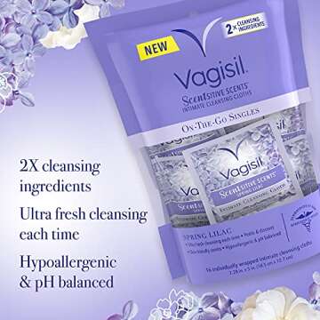 Vagisil Scentsitive Scents On-The-Go Feminine Mini Cleansing Wipes, pH Balanced, Spring Lilac, 16 Count