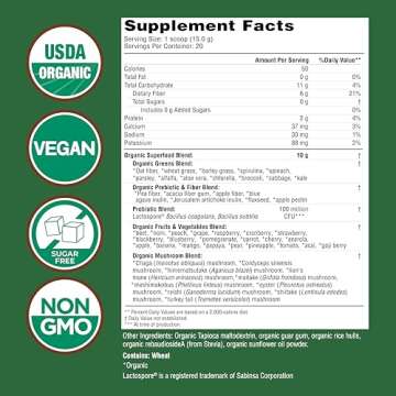 COUNTRY FARMS Organic Super Greens Natural Flavor, 50 Organic Super Foods, Packed with Fiber, USDA Organic Drink Mix, Fruits, Vegetables, Mushrooms & Probiotics, Supports Energy, 6g Fiber