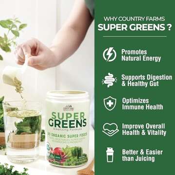 COUNTRY FARMS Organic Super Greens Natural Flavor, 50 Organic Super Foods, Packed with Fiber, USDA Organic Drink Mix, Fruits, Vegetables, Mushrooms & Probiotics, Supports Energy, 6g Fiber