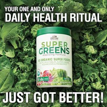 COUNTRY FARMS Organic Super Greens Natural Flavor, 50 Organic Super Foods, Packed with Fiber, USDA Organic Drink Mix, Fruits, Vegetables, Mushrooms & Probiotics, Supports Energy, 6g Fiber