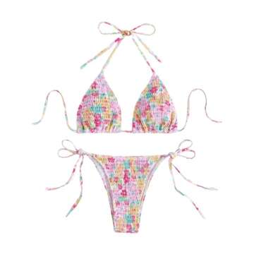 COZYEASE Women's 2 Piece Floral Bikini Sets Smocked Drawstring Side Triangle Halter Sexy Cute Swimsuits Hot Pink S