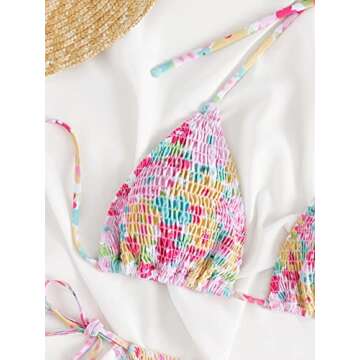 COZYEASE Women's 2 Piece Floral Bikini Sets Smocked Drawstring Side Triangle Halter Sexy Cute Swimsuits Hot Pink S