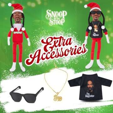 Snoop Dogg Snoop on a Stoop 2024 Christmas Elf Doll, 12” Small Plush Toys, Includes Elf Toy, Extra Tshirt, Sunglasses and Necklace, Christman Gifts for Men & Women.