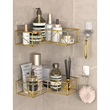 Iperlife Corner Shower Caddy Gold, Adhesive Shower Shelf Corner Shower Organizer with Hooks, 2-Pack ...