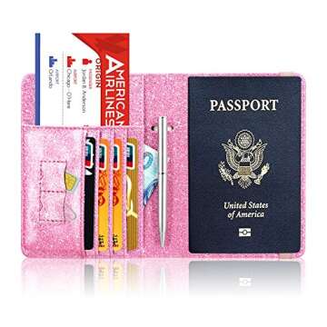 ACdream Passport Holder Cover, Leather Travel Wallet Case, RFID Blocking Document Organizer Protecrtor, with Slots for Credit Cards, Boarding Pass, for Women and Men, Glitter Pink