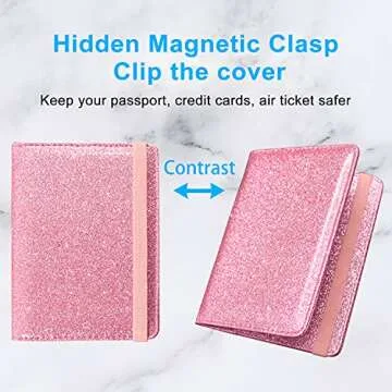 ACdream Passport Holder Cover, Leather Travel Wallet Case, RFID Blocking Document Organizer Protecrtor, with Slots for Credit Cards, Boarding Pass, for Women and Men, Glitter Pink