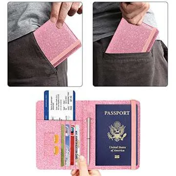 ACdream Passport Holder Cover, Leather Travel Wallet Case, RFID Blocking Document Organizer Protecrtor, with Slots for Credit Cards, Boarding Pass, for Women and Men, Glitter Pink