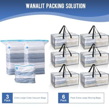 WANALIT 6 Pack Moving Bags + 3 Pack Cube Vacuum Storage Bags, Backpack Straps Strong Carrying Handles & Zippers, Storage Totes For Space Saving, Fold Flat, Moving Supplies