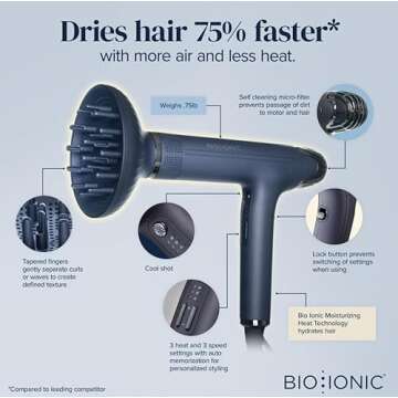 Bio Ionic SMART-X Hair Dryer with Diffuser, High-Efficiency Blow Dryer with 3 Heat & 3 Speed Settings, Diffuser Hair Dryer Gently Dries, Defines & Reduces Frizz, Self Cleaning Function, Blue