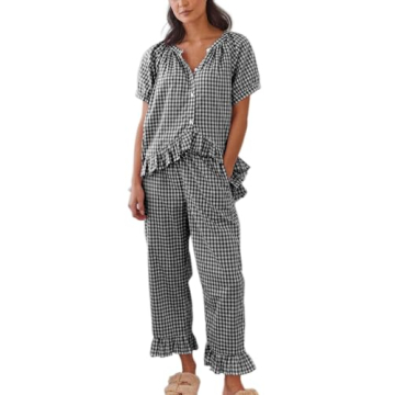Women Y2k Plaid Pajamas Set Short Sleeve Ruffle Hem Peplum Shirt Gingham Wide Peg Pants 2 Piece Loun...