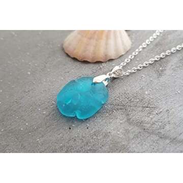 Yinahawaii Handmade in Hawaii Sea Glass Jewelry, Sand Dollar Necklace, Beach Necklace, Birthday Gift for Women (Turquoise Bay Blue - December)