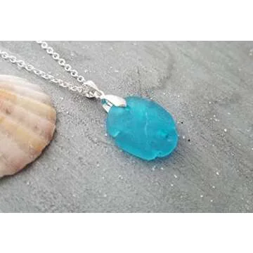 Yinahawaii Handmade in Hawaii Sea Glass Jewelry, Sand Dollar Necklace, Beach Necklace, Birthday Gift for Women (Turquoise Bay Blue - December)